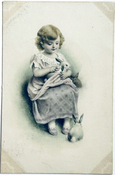 画像1: Postcard　アンティークポストカード　ウサギと女の子　うさぎ　M.M.VIENNE　フランス切手 (1)