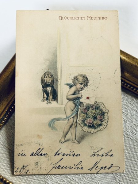画像2: Postcard　アンティークポストカード　新年祝い　天使と犬　バセットハウンド　M.M.VIENNE　1903年 (2)