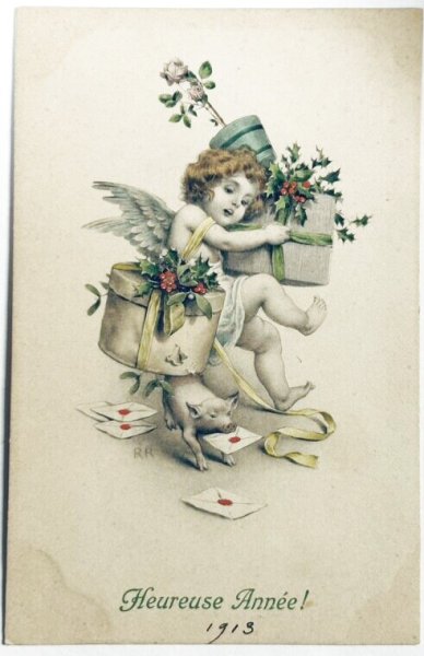 画像1: Postcard　アンティークポストカード　子豚に躓く天使　ウィーン趣味　M.M.VIENNE　 (1)