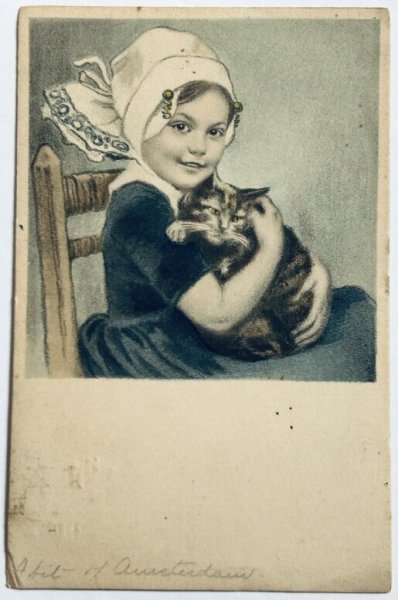 画像1: Postcard　アンティークポストカード　猫と女の子　M.M.VIENNE　イギリス1907年 (1)