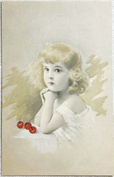 画像1: Postcard　アンティークポストカード　さくらんぼと女の子　サクランボ　手彩色　M.M.VIENNE　（未使用） (1)