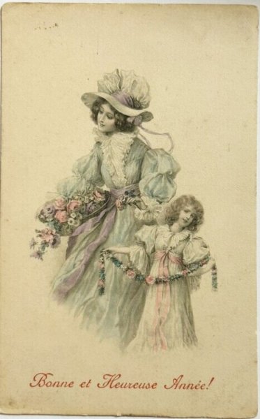 画像1: Postcard　アンティークポストカード　女性と女の子　母娘　M.M.VIENNE　フランス1905年 (1)