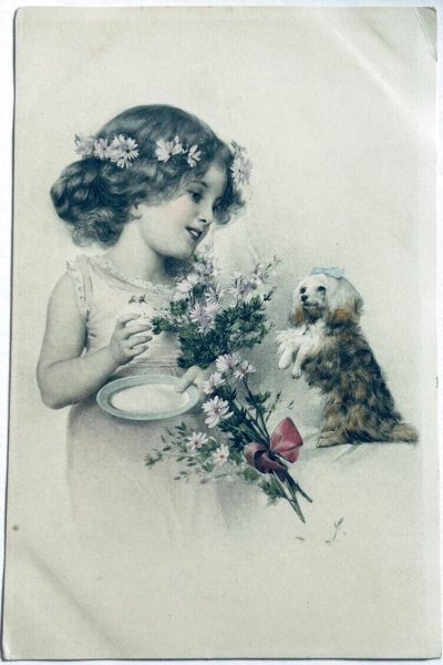 画像1: Postcard　アンティークポストカード　芸をする小型犬と女の子　M.M.VIENNE　（未使用） (1)