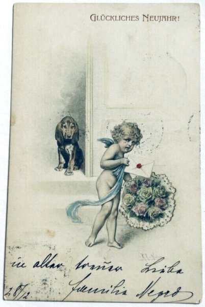 画像1: Postcard　アンティークポストカード　新年祝い　天使と犬　バセットハウンド　M.M.VIENNE　1903年 (1)