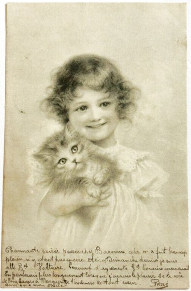 画像1: Postcard　アンティークポストカード　猫と女の子　M.M.VIENNE　フランス1902年 (1)