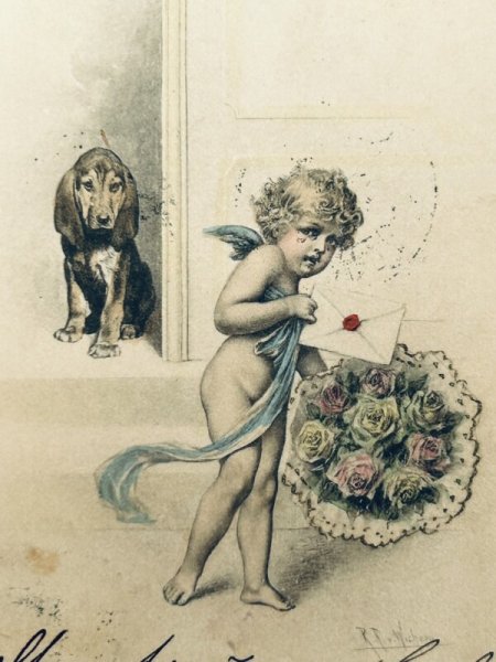 画像3: Postcard　アンティークポストカード　新年祝い　天使と犬　バセットハウンド　M.M.VIENNE　1903年 (3)