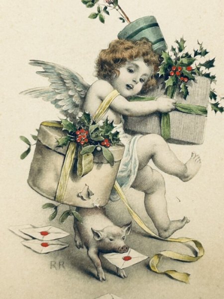 画像3: Postcard　アンティークポストカード　子豚に躓く天使　ウィーン趣味　M.M.VIENNE　 (3)