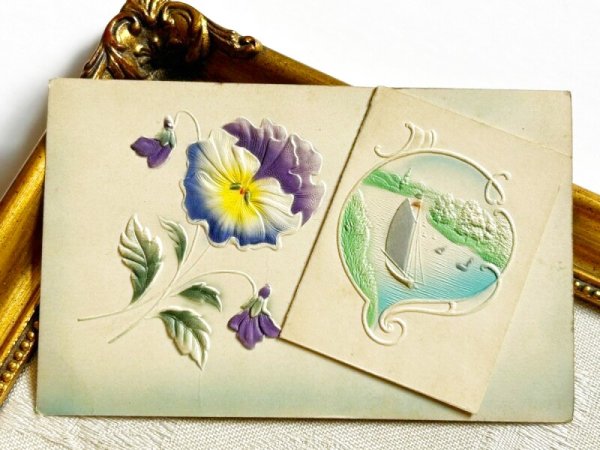 画像2: ▼SALE 500▼ Postcard アンティークポストカード スミレのお花 水辺の風景 船 ブックレット 仕掛け (2)