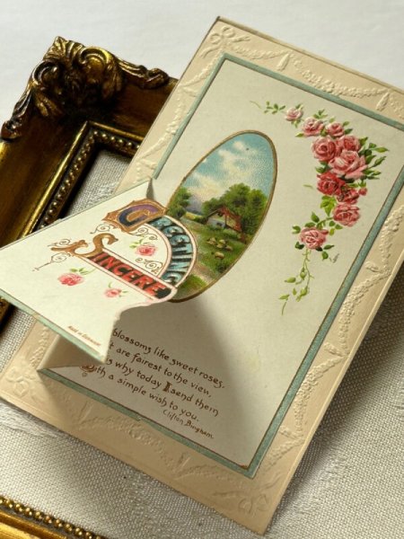 画像4: Postcard  アンティークポストカード　薔薇のお花と田舎の風景　　仕掛け　 (4)