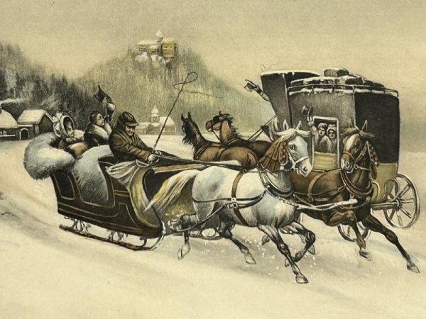 画像3: Postcard　アンティークポストカード　ウィーン趣味風　新年祝い　馬車と馬ゾリ（未使用） (3)