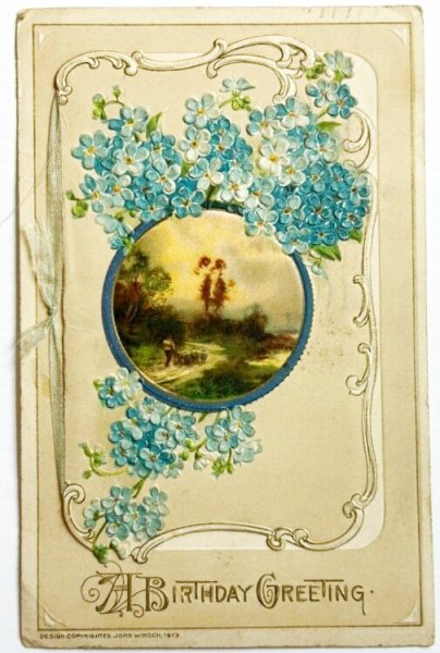 画像1: Postcard  　アンティークポストカード　忘れな草のお花　羊飼い　水辺の風景　ブックレット　仕掛け (1)