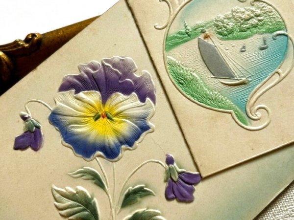 画像3: ▼SALE 500▼ Postcard アンティークポストカード スミレのお花 水辺の風景 船 ブックレット 仕掛け (3)