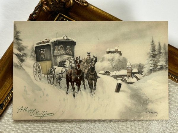 画像2: Postcard アンティークポストカード ウィーン趣味風 新年祝い 馬車(未使用) (2)