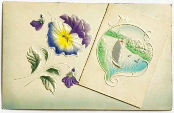 画像1: ▼SALE 500▼　Postcard　アンティークポストカード　スミレのお花　水辺の風景　船　ブックレット　仕掛け (1)