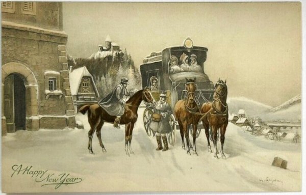 画像1: Postcard　アンティークポストカード　ウィーン趣味風　新年祝い　馬車（未使用） (1)