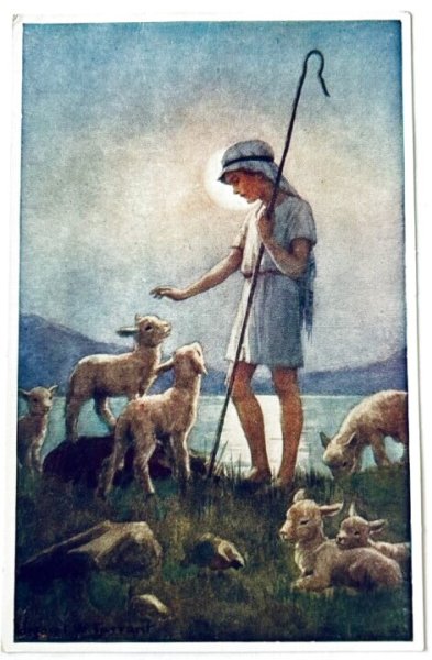 画像1: Postcard  アンティークポストカード　子羊と少年　 by Margaret Tarrant　 (1)