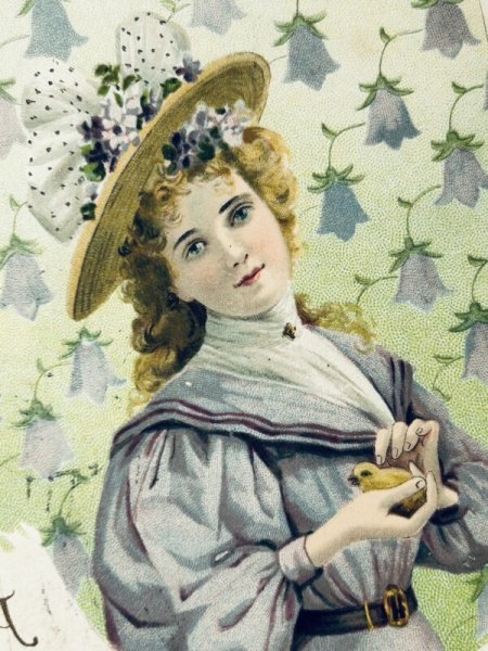画像3: Postcard   アンティークポストカード イースター ブルーベルのお花 ヒヨコと女性 Mailick 1906年 (3)