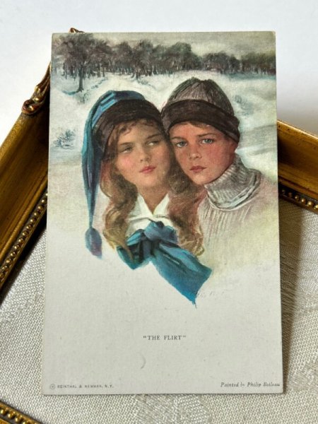 画像2: Postcard   アンティークポストカード  THE FLIRT 雪景色 女の子と男の子 Philip Boileau (2)