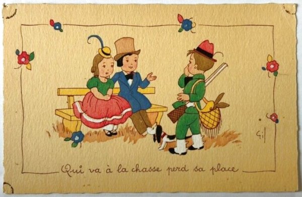画像1: Postcard  　アンティークポストカード  狩人の男の子と挨拶をする2人　フランス (1)
