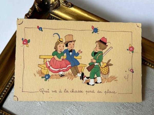 画像2: Postcard   アンティークポストカード  狩人の男の子と挨拶をする2人 フランス (2)