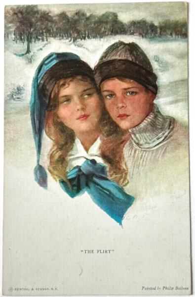画像1: Postcard  　アンティークポストカード 　THE FLIRT 雪景色　女の子と男の子　Philip Boileau (1)