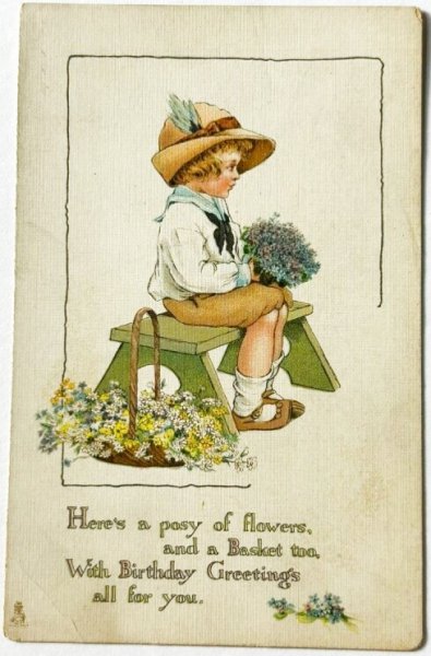 画像1: Postcard  　アンティークポストカード 　花束と男の子　Millicent Sowerby (1)