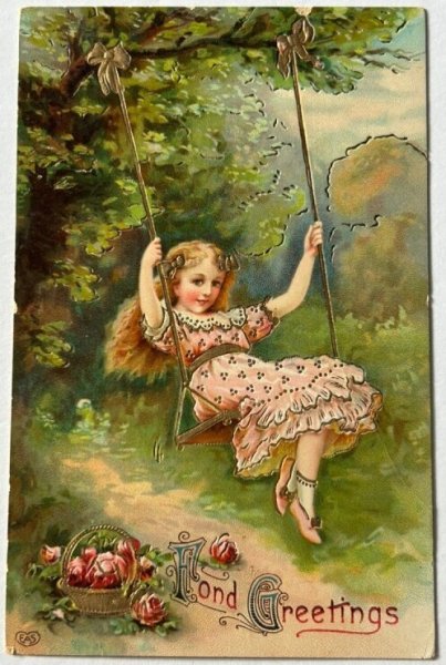 画像1: Postcard  　アンティークポストカード 　ブランコに乗る女の子 (1)