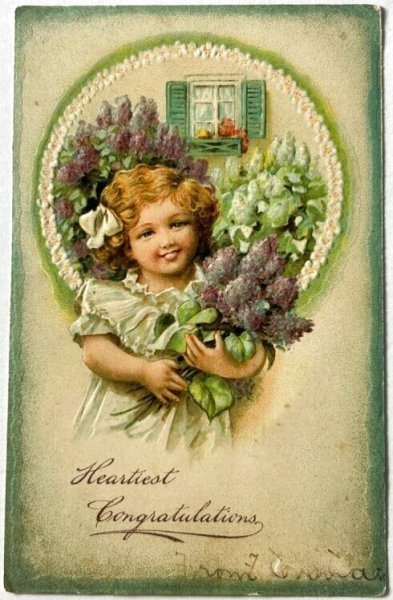 画像1: Postcard  　アンティークポストカード 　ライラックのお花と女の子　 (1)
