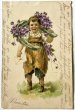 画像1: Postcard  　アンティークポストカード 　スミレのお花と馬蹄と手紙を持つ男の子　フランス1905年 (1)