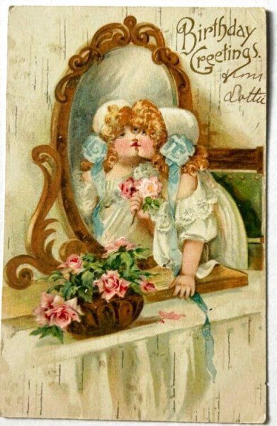 画像1: Postcard  　アンティークポストカード 　鏡にキスをする女の子　薔薇 (1)
