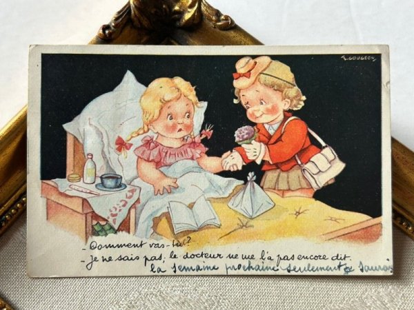 画像2: Postcard   アンティークポストカード  お見舞いに来た女の子 フランス1950年 (2)