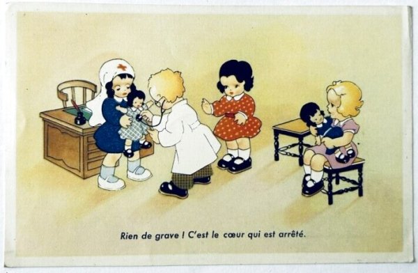 画像1: Postcard  　アンティークポストカード 　病院ごっこ　お人形　フランス　（未使用） (1)