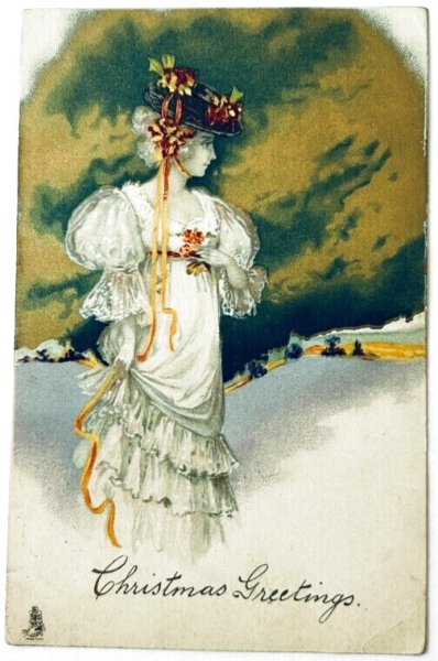 画像1: Postcard  　アンティークポストカード 　クリスマス　帽子の女性　1905年　イギリス (1)