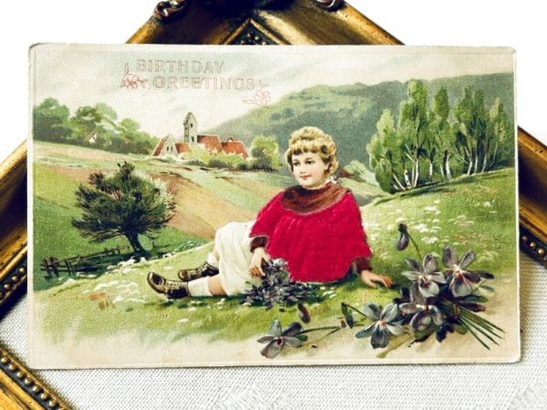 画像2: Postcard   アンティークポストカード  スミレのお花と女の子 シルク貼り(未使用) (2)