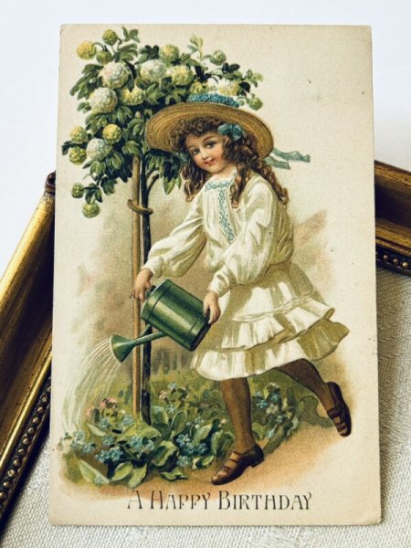 画像2: Postcard   アンティークポストカード  お花に水をあげる女の子 ガーデニング アメリカ1909年 (2)