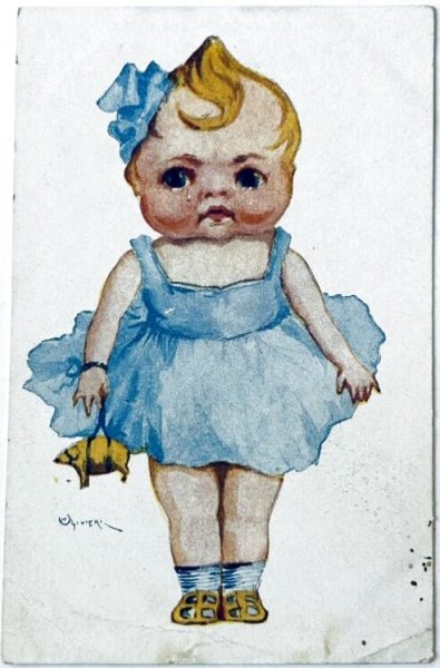 画像1: Postcard  　アンティークポストカード 　泣いている女の子　豚　キューピー風 (1)