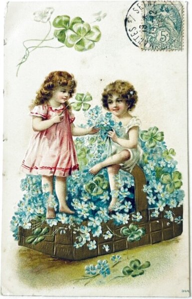 画像1: Postcard  　アンティークポストカード 　忘れな草のお花籠と子どもたち　フランス1905年 (1)