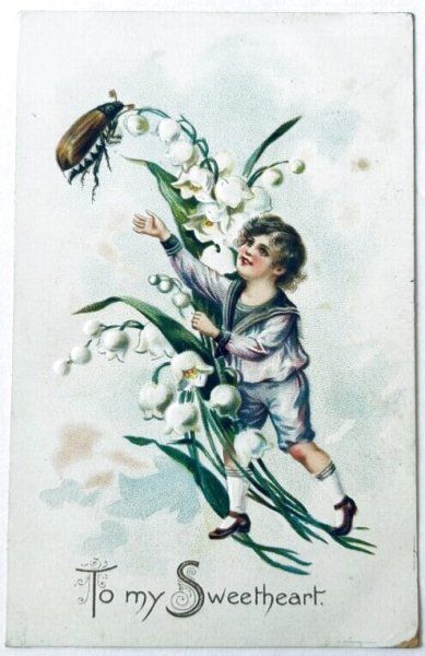 画像1: Postcard  　アンティークポストカード 　男の子とスズランのお花　コフキコガネ虫 (1)