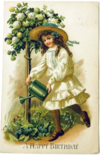 画像1: Postcard  　アンティークポストカード 　お花に水をあげる女の子　ガーデニング　アメリカ1909年 (1)