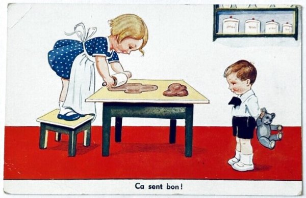 画像1: Postcard  　アンティークポストカード 　クッキーを作る女の子と男の子　テディベア　オランダ　（未使用） (1)