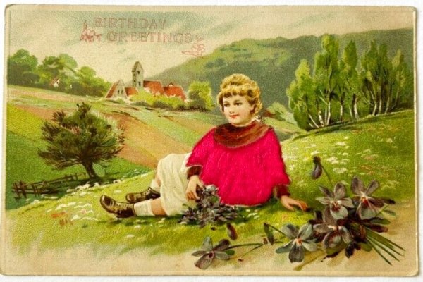 画像1: Postcard  　アンティークポストカード 　スミレのお花と女の子　シルク貼り（未使用） (1)