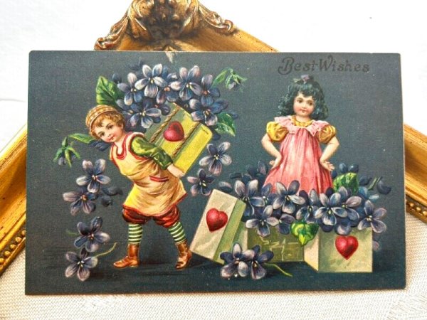 画像2: Postcard   アンティークポストカード  スミレのお花を運ぶ子どもたち アメリカ1908年 (2)