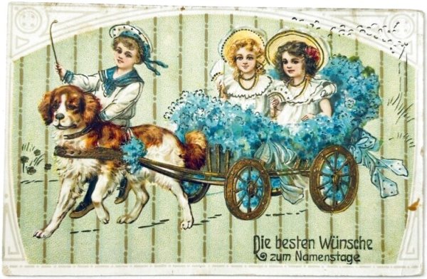 画像1: Postcard  　アンティークポストカード 　忘れな草のお花の犬車に乗る子どもたち　セントバーナード犬　ドイツ1912年 (1)