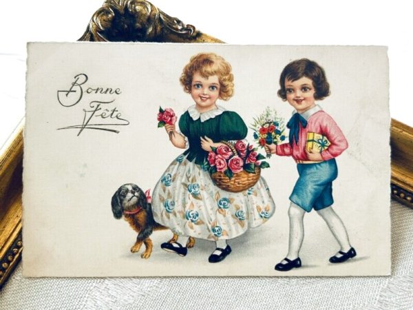 画像2: Postcard   アンティークポストカード  パーティへ行く子どもたちとスパニエル犬 キャバリア 1930年 (2)