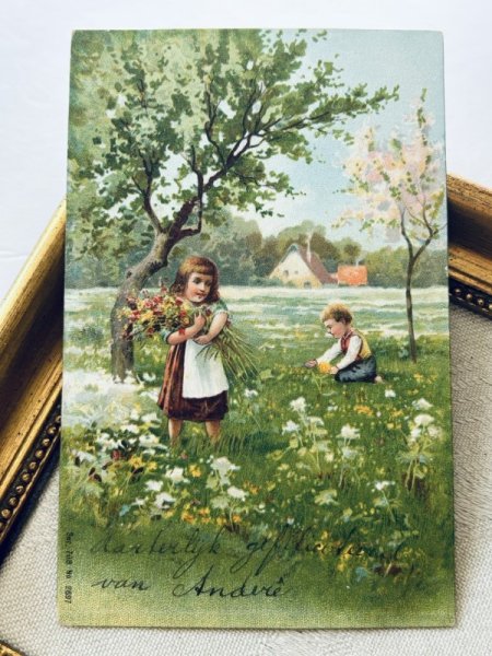 画像2: Postcard   アンティークポストカード  お花を摘む子どもたち (2)