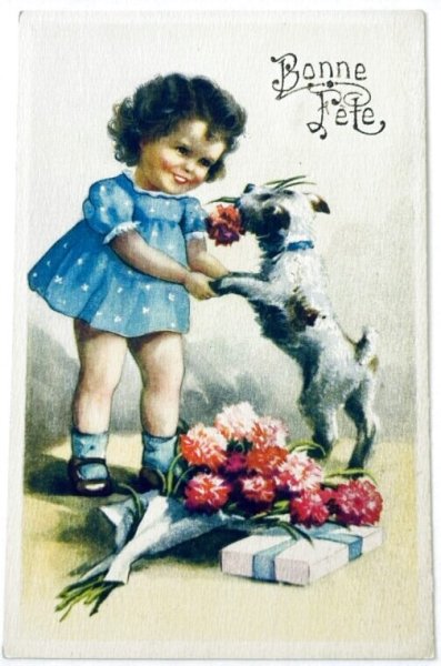 画像1: Postcard  　アンティークポストカード 　女の子とテリア犬　フランス (1)