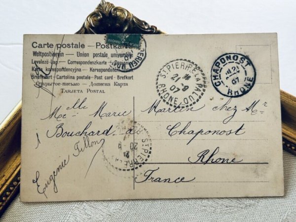 画像3: Postcard   アンティークポストカード  金魚すくいをする女の子と犬 テリア犬 フランス1907年 (3)