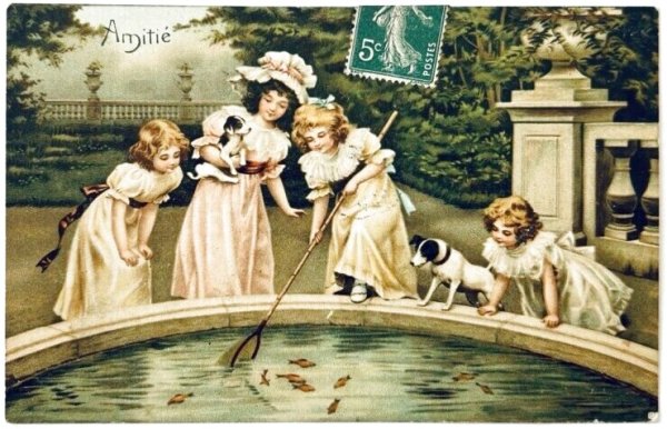 画像1: Postcard  　アンティークポストカード 　金魚すくいをする女の子と犬　テリア犬　フランス1907年 (1)