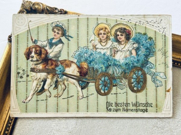 画像2: Postcard   アンティークポストカード  忘れな草のお花の犬車に乗る子どもたち セントバーナード犬 ドイツ1912年 (2)