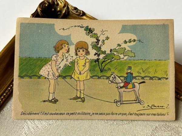 画像2: Postcard   アンティークポストカード  女の子と騎馬兵の玩具 プルトイ 木馬 フランス (未使用) (2)